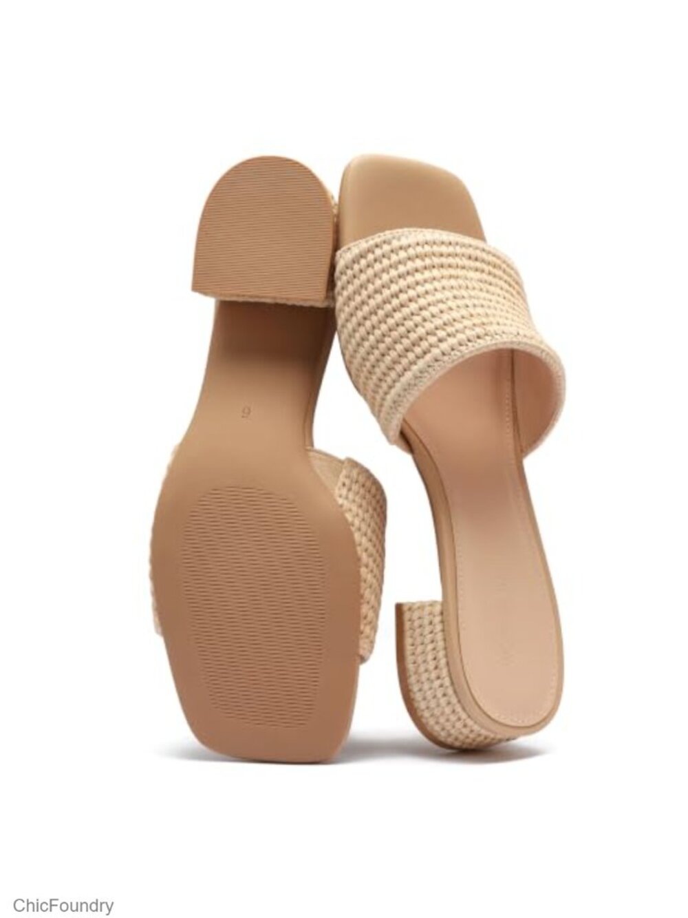 Raffia Slide Sandals Low Heel Square Toe Slip On Memory Foam Insole Casual